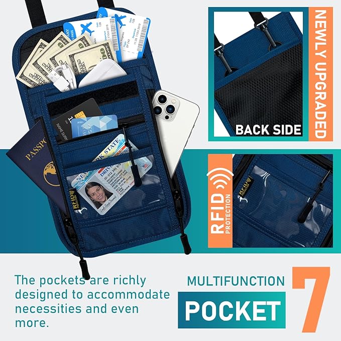 sundee Travel Neck Wallet with Double Zippers, RFID Blocking Passport Holder with Adjustable Neck Strap for Men and Women to Keep Cash, Credit Cards and Travel Documents Safe - Navy Blue