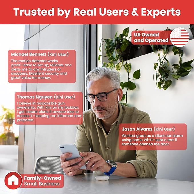 Kinisafe Alert, Wi-Fi Motion Sensor, Real-time SMS, Email, Push Alerts, IFTTT, Gun Safes, Cabinets, Home, Office, Easy Install, No Subscription, Long Lasting Rechargeable Battery