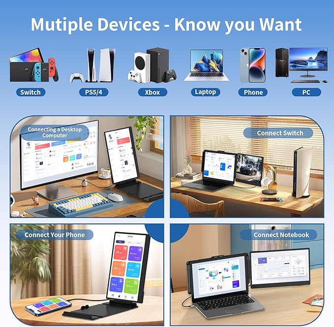 Laptop Screen Extender Portable Monitor, 14.2" 1080P FHD IPS Screen, Monitor Extender for Laptop, Fit for 13-17" Laptops, Plug & Play Compatiable with Wins/Mac/Android/Switch (Dual 14")