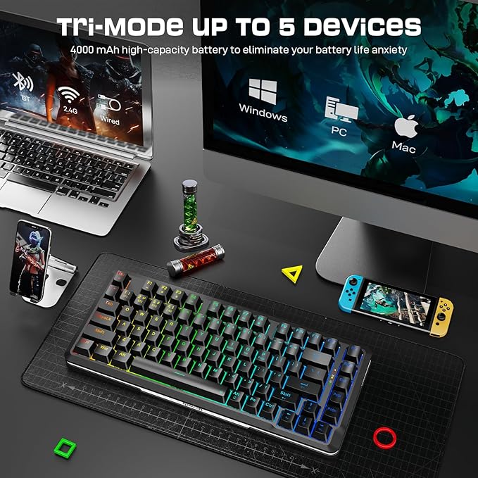 Redragon K713 Wireless Mechanical Keyboard, Gasket Mounted RGB Gaming Keyboard, 3-Mode (2.4G/BT/USB), Pre-Lubed Linear Red Switches, 75％ Layout, 82 Keys Hot Swappable for PC/Mac - Black