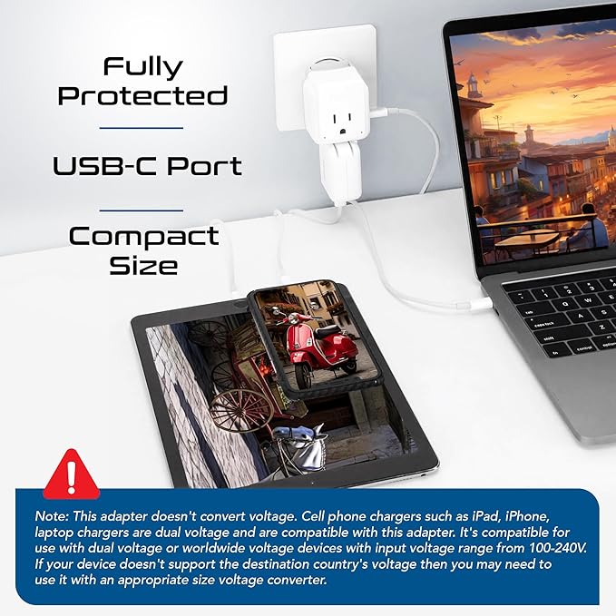 Ceptics European Plug Adapter, Safe USB-C 30W PD & QC 3.0-2 USA Socket - Compact & Powerful - Use in Greece, Italy, Switzerland, Turkey, Portugal - Includes Type C Swadapt Attachment