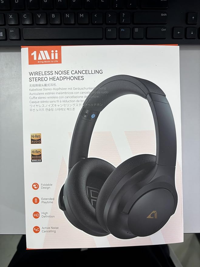 1Mii Y8+ Noise Cancelling Headphones Bluetooth, Wireless LDAC Hi-Res Audio, Custom EQ via App, 75H Playtime, Comfort Fit, Over Ear Headphones Foldable for Airplane Travel Home Office Cream White