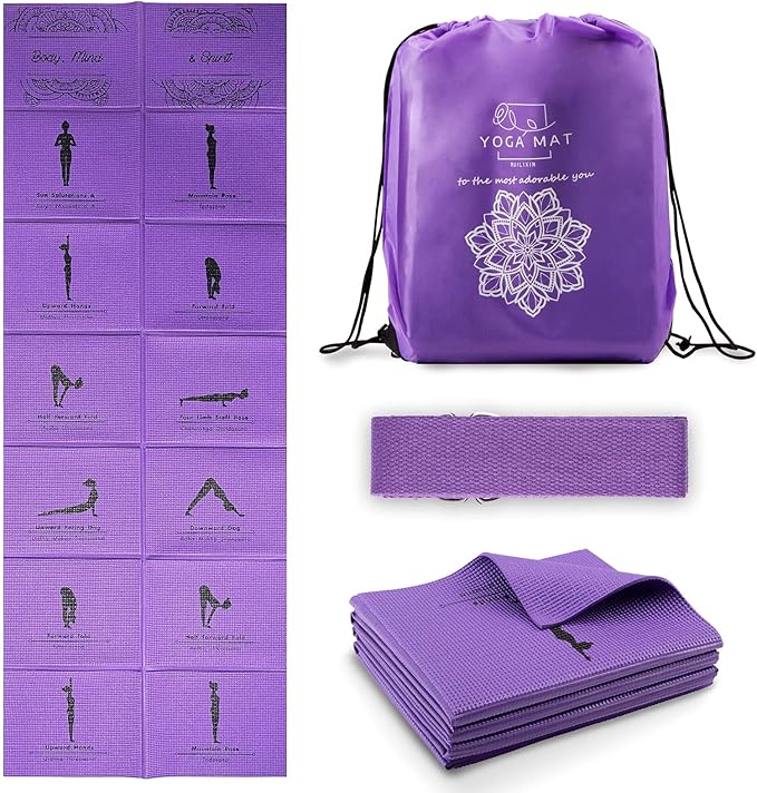Foldable Yoga Mat for Women, Non Slip Exercise Mat for Home Gym, 5mm Travel Yoga Mats Set With Stretch Strap for Yoga Pilates and Fitness, 68"L x 24"W x 0.2 Inch Thick
