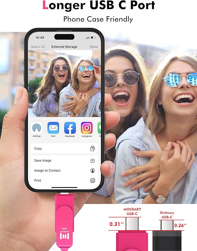 MOSDART 64GB USB3.1 Fast Speed C and A Dual Flash Drive, exFAT Memory Stick with Keychain and LED Indicator, for iPhone 15 and 16, Android Phone, iPad, MacBook, and Other Laptops, Hot Pink
