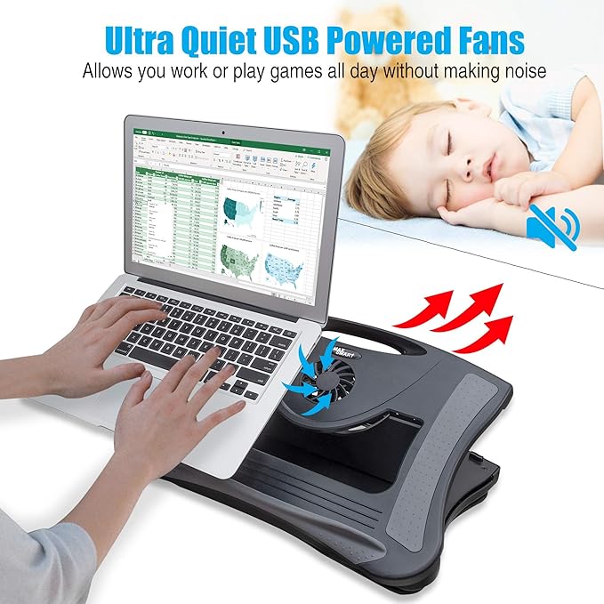 Laptop Lap Pad Laptop Stand with Attached Mouse Pad, Cushion and USB Cooling Fan, Non-Slip Heat Shield Tablet Computer Stand for Sturdy Work Station for Home, Office, Bed Sofa, Couch and Car