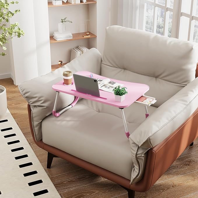 Lap Desk Bed Trays for Eating and Laptops Breakfast in Bed Tray for Sofa/Couch/Study/Reading/Writing with Cup Holder/Drawer On Low Sitting Floor Large Portable Foldable (Pink)