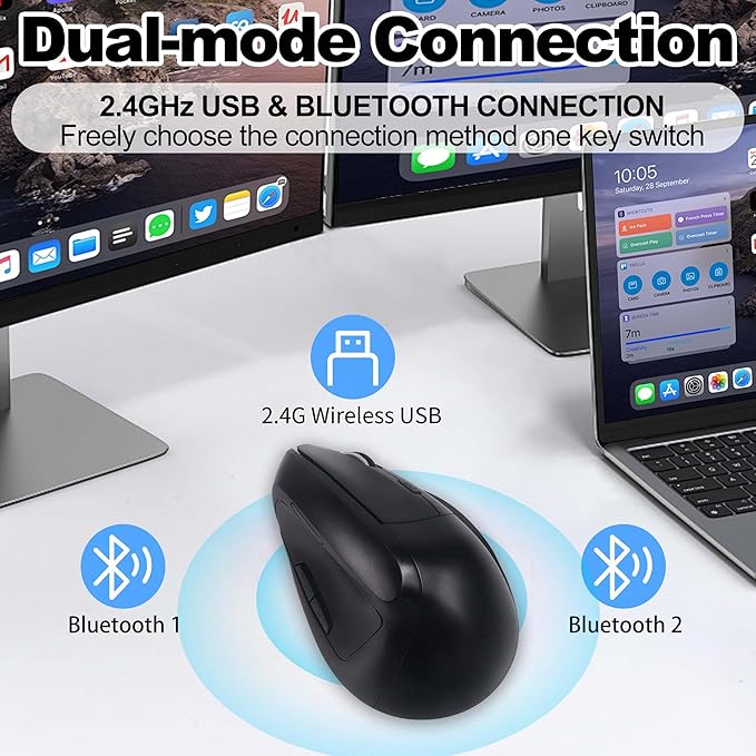 Wireless Ergonomic Bluetooth Mouse Vertical Dual Mode Rechargeable Silent Portable High Precision Optical Cordless Mice with USB Receiver for PC/Laptop/Tablet/MacBook Boy Girl,Reduce Wrist Pain（Black）