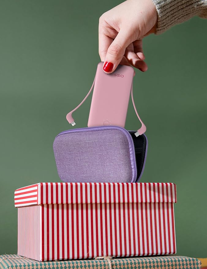 Ultra Slim 10000mAh Power Bank Built-in Cables and AC Wall Plug, Pocket Size USB C Portable Charger, External Battery Pack Compatible with iPhone Samsung, Package in Purple Hard Travel Case, Pink