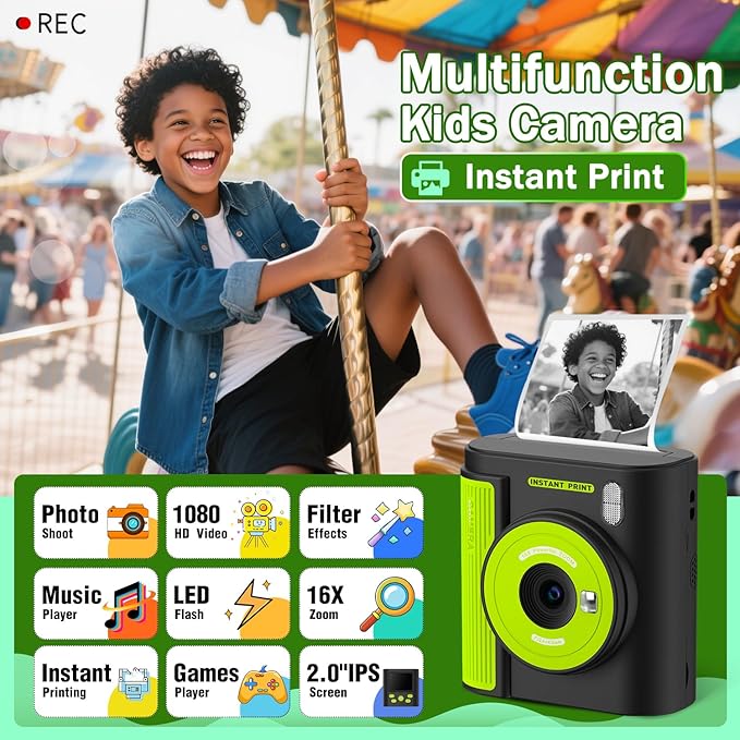 Zicor Kids Camera Instant Print, HD Digital Video & Instant Print Camera for Kids, Fun Christmas Birthday Gifts for Boys and Girls, Comes with 32GB SD Card, Lightweight & Portable - Black