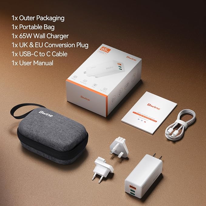 Bwine 65W USB C Charger,3-Port Fast Charging Blocks, Universal Travel Adapter Kit,Compatible with iPhone17/Pro,Galaxy S24,Note 20/10+,iPad and More(4ft USB-C Cable,UK/EU Conversion Plug Includes)