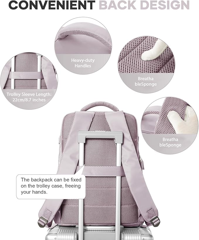 VECAVE Carry On Backpack for Women,Large Travel Backpack Flight Approved,Waterproof 14 Inch Laptop Backpack Business Work Backpacks Men Mochila De Viaje LotusPink