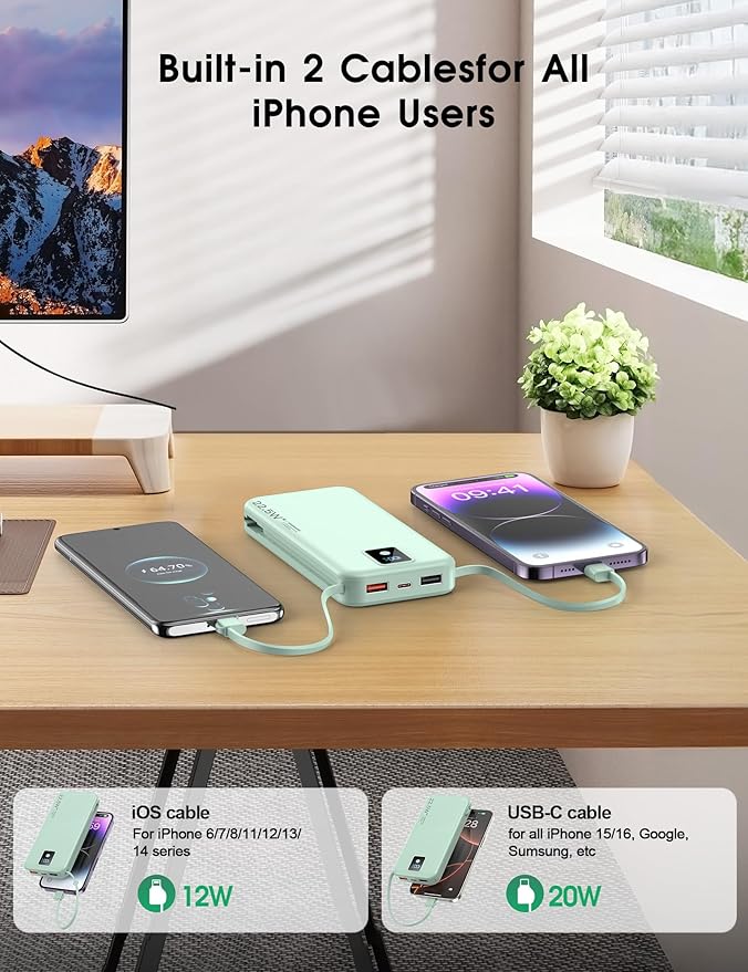 Portable Power Bank, 12000mAh 22.5W Fast Charging Phone Charger with Built-in Cables & Wall Plug, Travel Essential Battery Pack with LED Display, USB C Battery Charging Bank for iPhone, Samsung Green