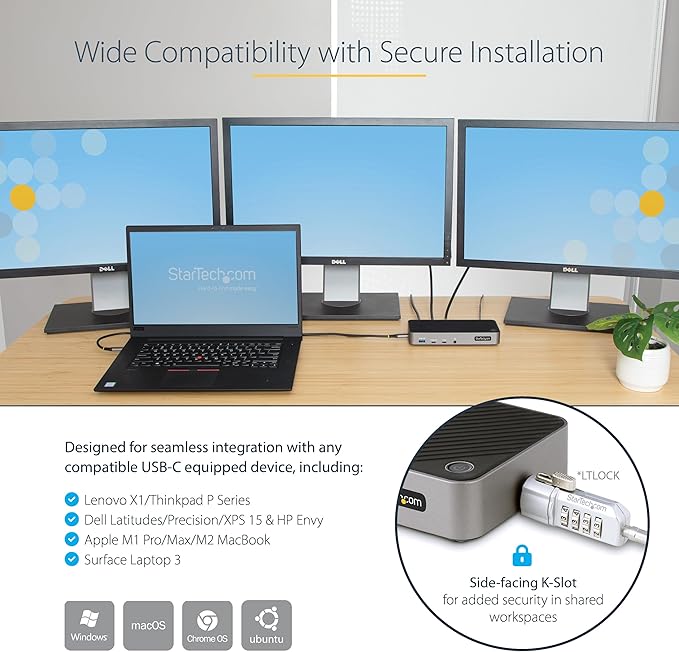 StarTech.com USB-C Triple Monitor Docking Station for MacBook Pro / Air M1 M2 M3 M4 & Windows, Universal 4K HDMI DP Dock, Thunderbolt Compatible, 100W Laptop Charging