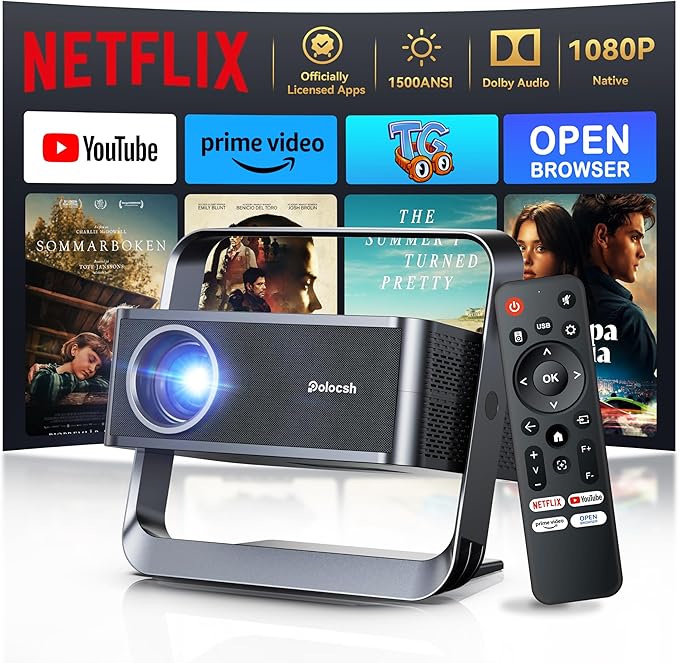 [Native 1080P & Official Licensed Apps] Polocsh 4K Projector with WIFI 6 and Bluetooth1500ANSI Smart Projector with Auto Keystone Protable Projectors Home Movie Outdoor Mini Proyector (Steel Gray)