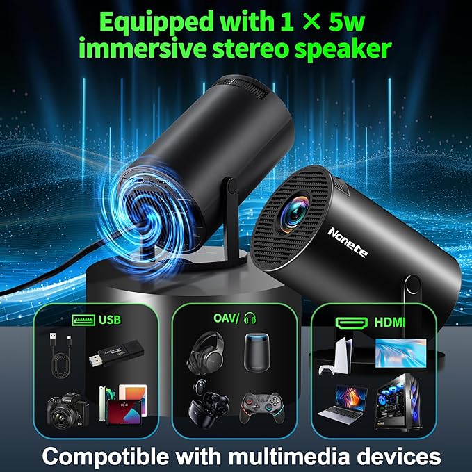 【Built-in Apps】Mini Projector 1080P, 4K Projector Full HD with WIFI 6 and Bluetooth 5.2, Support 270° Rotatable Portable Projector with Auto Keystone Correction,Compatible with Phone/HDMI/USB - Black