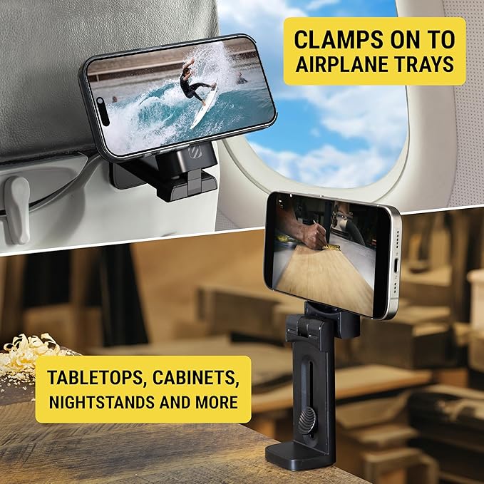 Scosche SMSTRVL MagSafe Airplane Phone Holder Mount, Magnetic Cell Phone Stand for Desk, Tray Table, Seat Back or Tripod, Plane Travel Essentials for Flying Compatible with iPhone 16/15/14/13/12
