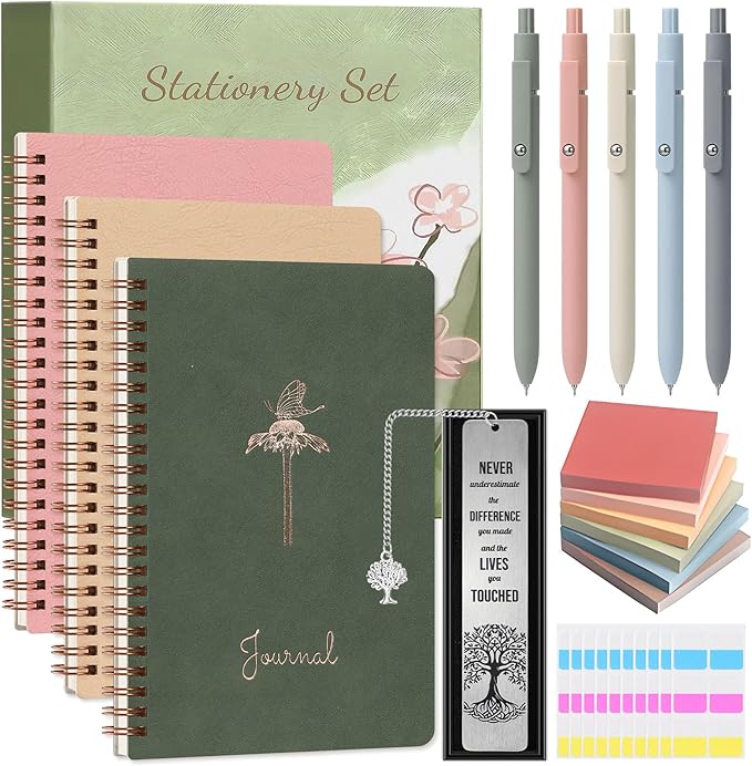 Stationery Gift Set, Bible Journaling Kit with 3PCS A5 Spiral Notebooks, Gel Pens, Steel Bookmark, Sticky Notes & Tabs, Gift Box - Aesthetic Desk Accessories Office Supplies for Women