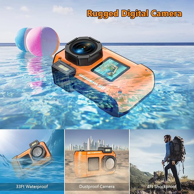 UHD 8K Underwater Camera, 70MP 33FT WiFi Waterproof Digital Camera with 64GB Card, Auto Focus Waterproof Dual-Screen Selfie 2500mAh Battery, 16X Floatable Digital for Snorkeling, Orange