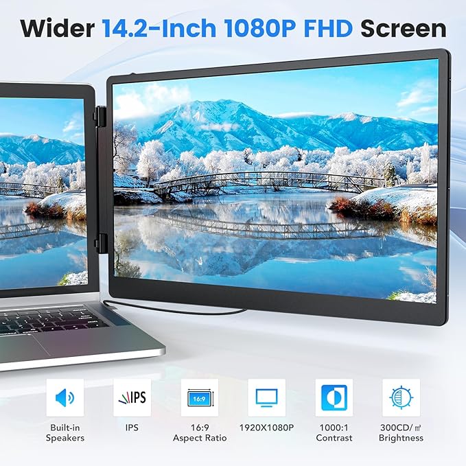 Redalf Portable Monitor 14.2'' FHD 1080P FHD IPS USB C HDMI Laptop Screen Extender IPS Display Speakers, Plug&Play, External Monitor for Laptop 13-16.1" PC Mac Chrome (14.2 inch)