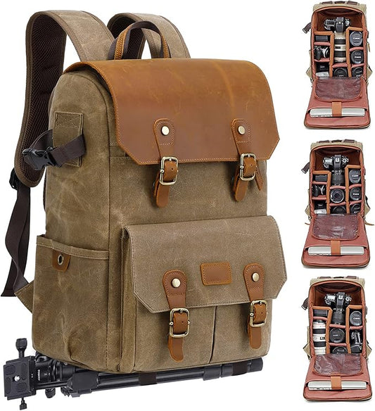 JAEP Camera Backpack - Weather Resistant 16 Ounces Waxed Memory Canvas – DSLR SLR Backpacks with 15.6” laptop sleeve compartment and Tripod Holder for Photographers -Vintage leather Style (Khaki)
