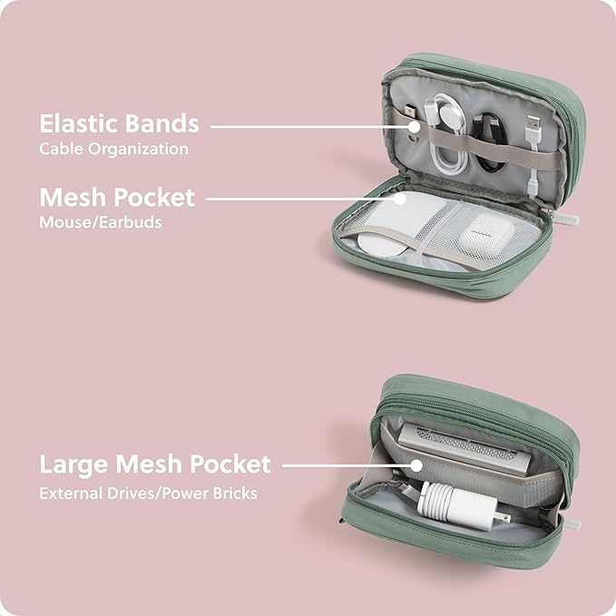 U Brands Dual Zip Canvas Tech Organizer Pouch, 7.8" x 5" Cord Organizer, Computer Accessories, Travel Essentials, Travel Gifts for Men Who Have Everything, Electronics, Eucalyptus Green