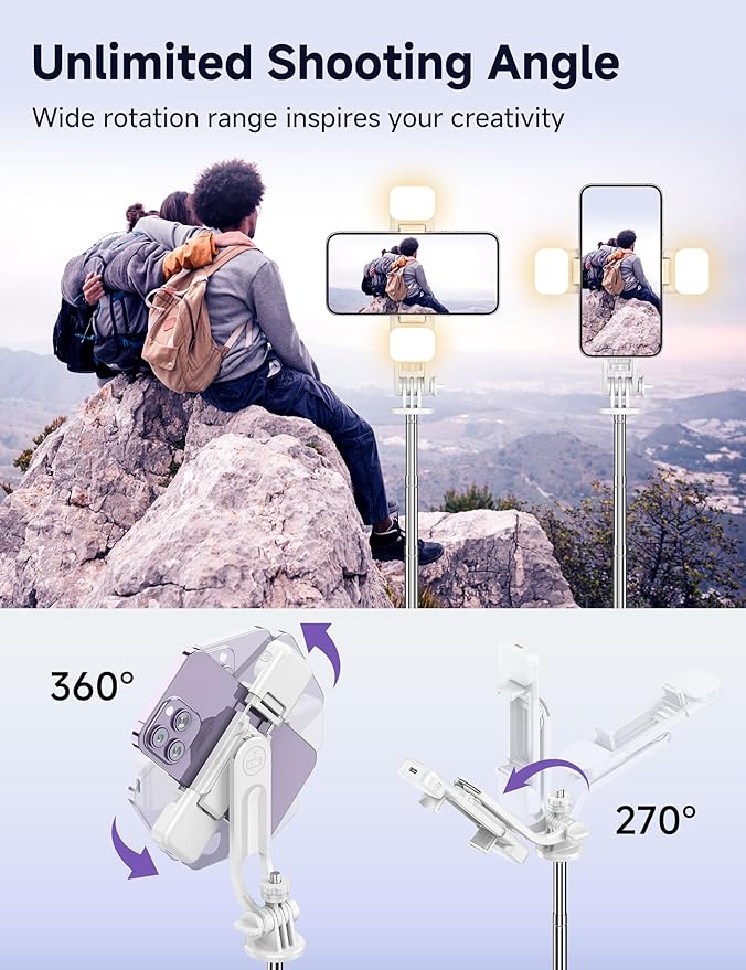 Selfie Stick Tripod with 2 Light, 3 Light Modes & 6 Brightness Levels Extendable Phone Tripod with Detachable Remote & Phone Holder, Portable Camera Tripod Compatible with iphone16 15 14 13/Android