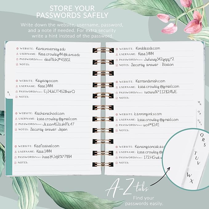 PLANBERRY Password Book Premium – Small Internet Address Organizer with A-Z Tabs – Pocket Website Password Keeper with Alphabetical Tabs – 4.7x5.7″, Hardcover (Natural Green)