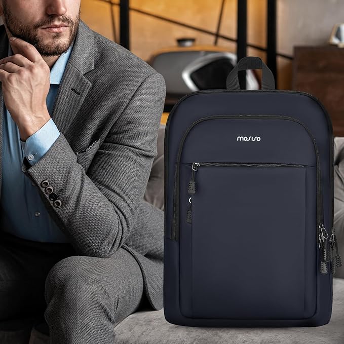 MOSISO Laptop Backpack for Men, Slim Lightweight Compact Computer Backpack for College Work Business Office Travel, 15.6 inch Waterproof Commute Laptop Bag Casual Daypack with Luggage Strap, Navy Blue