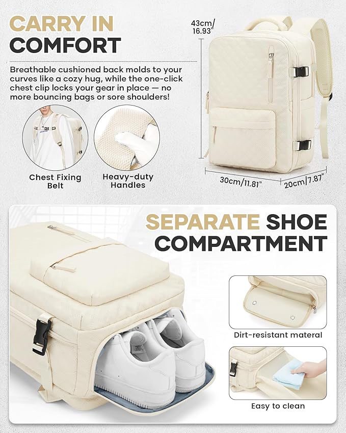 Vacuum Travel Backpack with Pump for Women,Personal Item Carry on Backpacks Flight Approved 18x14x8 inches for Men,Laptop Waterproof Work Compression bags Casual Daypack Beige.