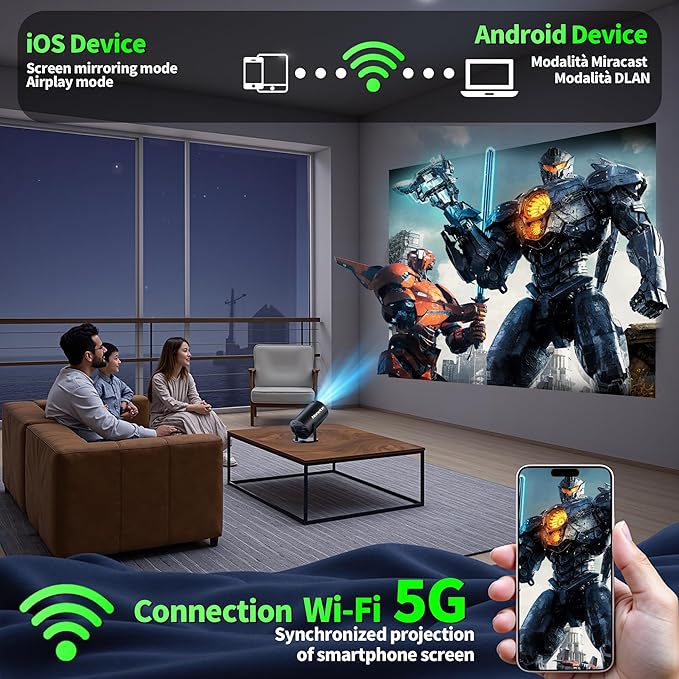 【Built-in Apps】Mini Projector 1080P, 4K Projector Full HD with WIFI 6 and Bluetooth 5.2, Support 270° Rotatable Portable Projector with Auto Keystone Correction,Compatible with Phone/HDMI/USB - Black