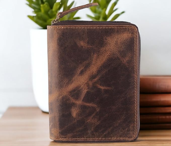 Passport Wallet - Travel Document Holder w/RFID Blocking – Full Grain Leather – Bifold compact zip around Wallet with Credit Card Slots for Women and Men,distressed brown,500-30