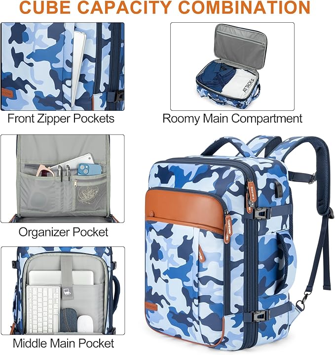 Travel Backpack 42L Carry on Backpack Flight Approved Expandable Travel Backpack Carry on Backpack Luggage Daypack (Blue Camouflage)