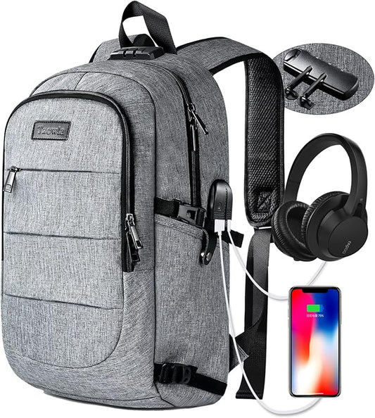 Laptop Backpack for unisex,Anti Theft Water Resistant Travel Work Backpack with USB Charging and Lock 15.6 Inch Computer Bag, Grey