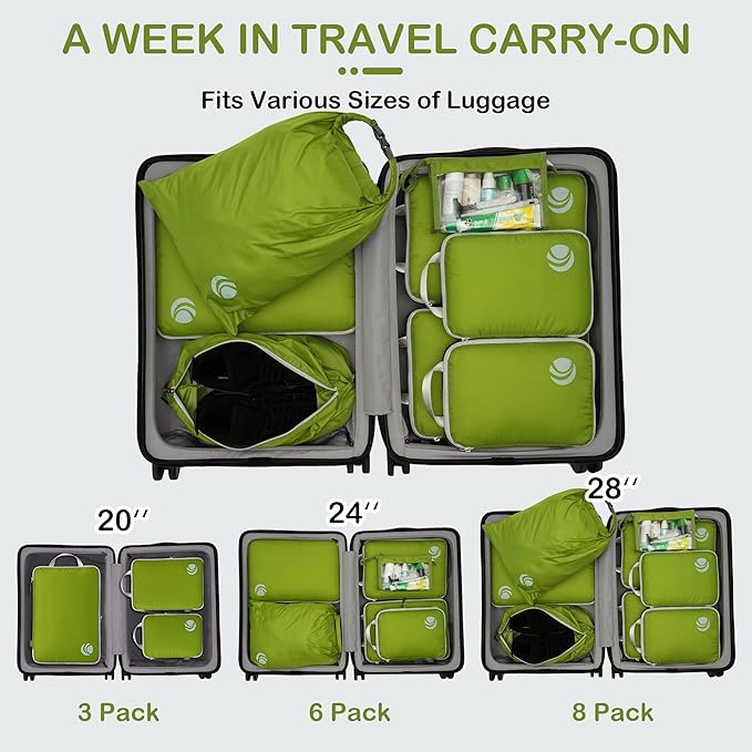 Cipway Compression Packing Cubes, Lightweight Travel Luggage Organizers with Shoe Bag, Toiletry Bag & Laundry Bag, Travel Essentials for Carry on Suitcase (8 Piece,Green)