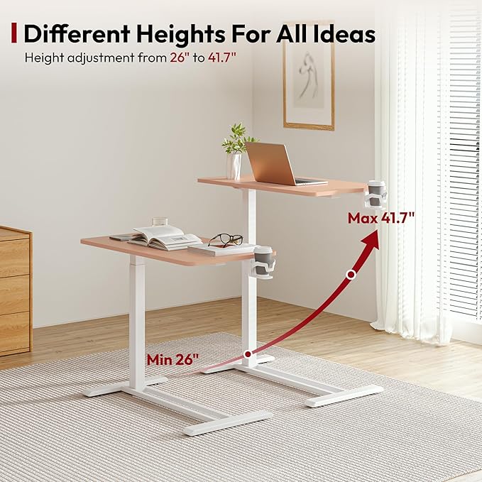 SANODESK Medical Adjustable Overbed Bedside Table with Hidden Casters, Pneumatic Mobile Laptop Computer Standing Desk Cart with Tray, Hospital and Home Use(31.5" W x 17.7" D, Pink)