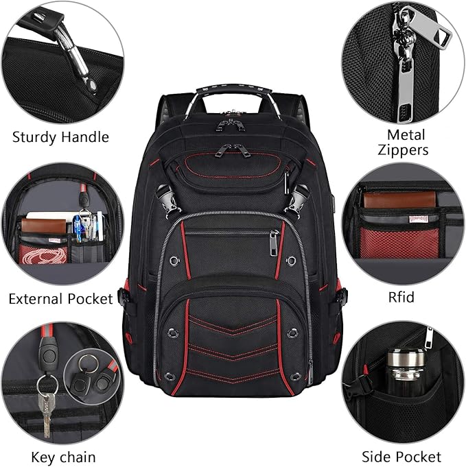 VECKUSON Large 18.4 Inch Laptop Backpack with USB Charger Port, TSA Friendly Flight Approved and RFID Anti-Theft Pocket, Red