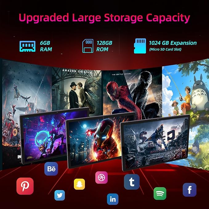 10.51 Inch 2K Android Tablets, All-Day Battery Life, Six-Core+Large Screen Tablet 128GB ROM 6GB RAM, 5MP+13MP Dual Camera Tablets PC, Android 12, 5G WiFi 5.0 BT, Gaming Tablet, USB Output