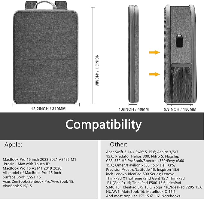 ZINZ Slim & Expandable Laptop Backpack 15 15.6 16 Inch Sleeve with USB Port, Spill-Resistant Notebooks Bag Case for Most 14-16 Inch MacBooks Surface-Books Dell HP Lenovo Asus Computers,D01G01