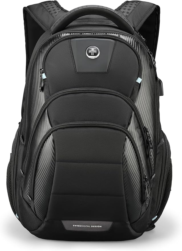 Swissdigital Design TSA Business Laptop Backpack for Men, Large Capacity Travel Backpack with Apple Find My Network and USB Charging Port Tech Backpacks Fits 17 Inch Computer Black| SD1643FB-01