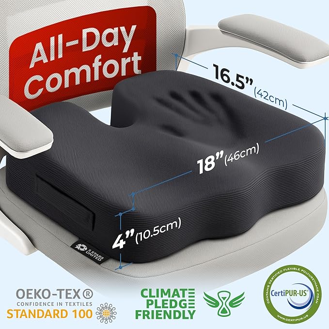5 STARS UNITED Seat Cushion for Tailbone Pain Relief – Large Memory Foam Lifting Pillow for Coccyx, Hip, Sciatica & Post-Surgery Recovery – Wheelchair, Car, Desk, Gaming & Office Chairs, Black