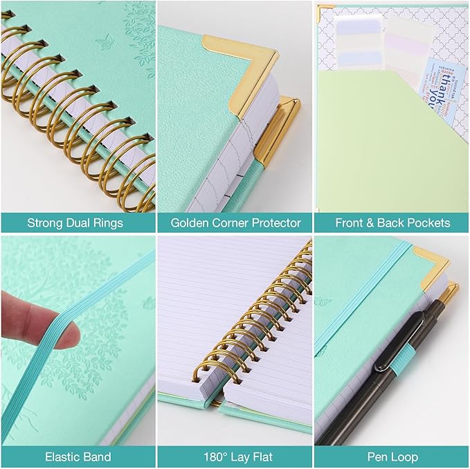 Spiral Notebook, College Ruled Notebook, 8" x 10", 300 Pages Leather Journals for Writing, B5 Hardcover Journaling Notebooks for Work School, 24pcs Tabs, Large Embossed Journal for Women Men, Green2