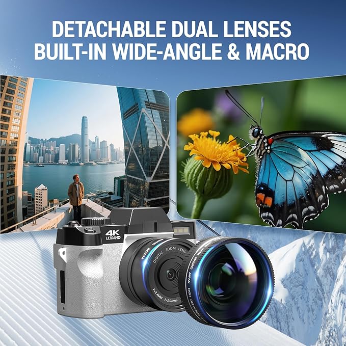 Digital Cameras for Photography with WiFi&App Control, Ture 4K&48MP Vlogging Camera for YouTube,Compact,16X Zoom Autofocus, Anti-Shake for Entry-Level User, Beginners, Macro&Wide Lens-32GB Card-White