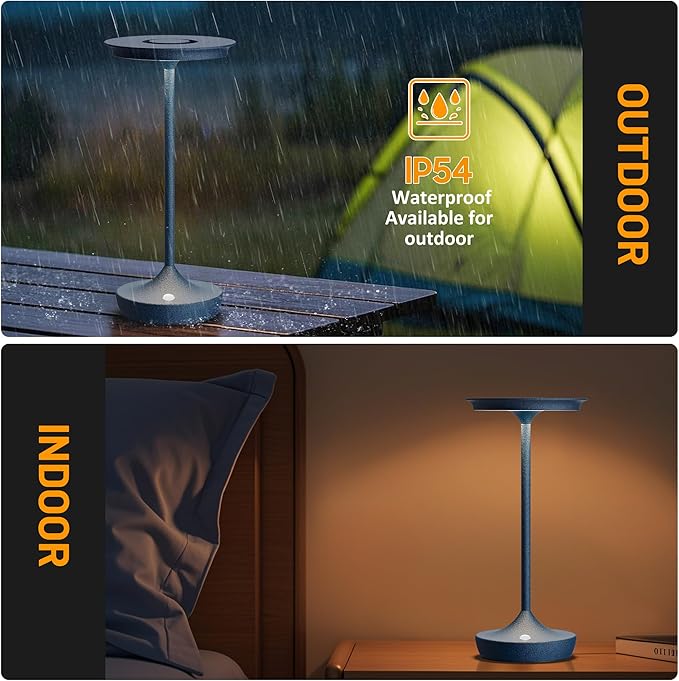 LED Cordless Table Lamps Rechargeable - Outdoor Battery Operated Portable Table Light 3 Color Stepless Dimming Tables Lamp with Memory Function for Patio Restaurant Dining 2 Pack Blue