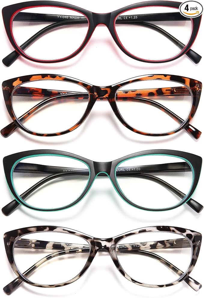 EYEURL 4 Pack Cat Eye Reading Glasses for Women, Blue Light Blocking Readers Lightweight Spring Hinge Anti Eyestrain UV Fashion Eyeglasses +1.0