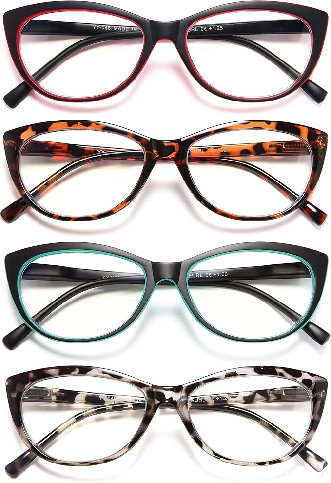 EYEURL 4 Pack Cat Eye Reading Glasses for Women, Blue Light Blocking Readers Lightweight Spring Hinge Anti Eyestrain UV Fashion Eyeglasses +0.75