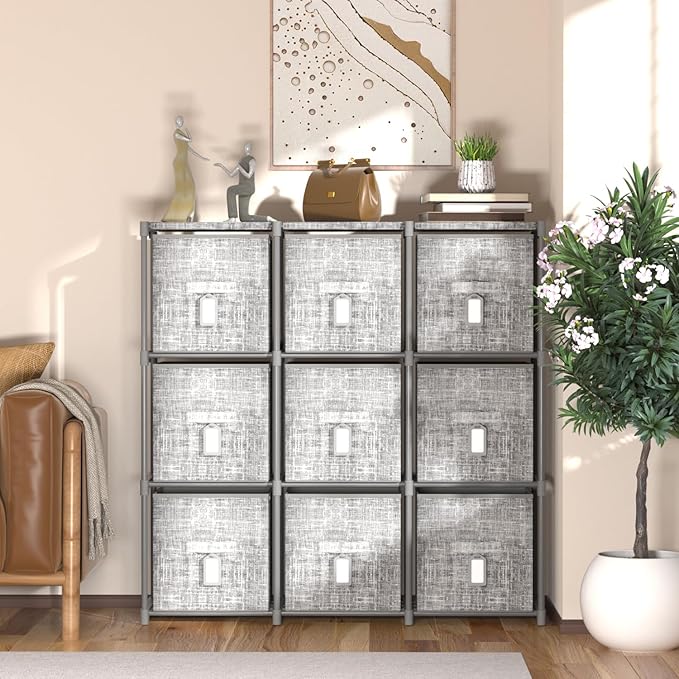 9 Cube Closet Organizer with Beautiful Printed Drawers + Labels, Storage Shelf, Toy Cubby Organizer