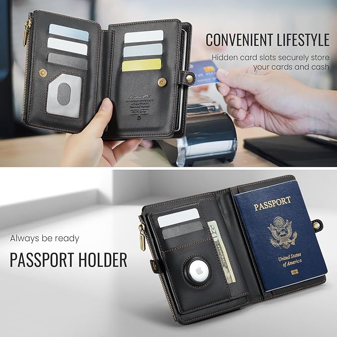 Passport Holder Wallet Bag with AirTag Holder, 11 Card Slots and Passport Solt Cash Solt Photo Solt Zipper Pocket, RFID Blocking Wristlet Strap.Black