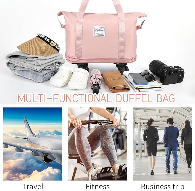 VOOWO Rolling Duffle Bag with Wheels, Expandable Foldable Duffle Bag for Travel, Rolling Under Seat Luggage Carry on Duffel Bags, Wheeled Travel Duffel Large Overnight Weekend Bags (Pink)