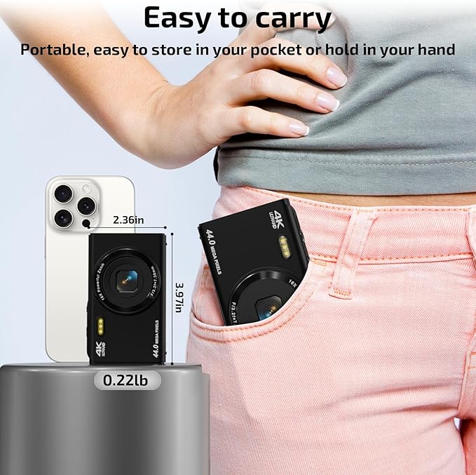 Digital Camera, FHD 4K 44MP Autofocus Point and Shoot Camera with 2.4" LCD 16X Zoom Portable Compact Cheap Camera for Teens Boys Girls Kids Adults (Black)