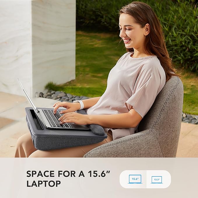 HUANUO Lap Laptop Desk - Portable Lap Desk with Cushion, Fits up to 15.6 inch Laptop, with Anti-Slip Strip & Storage Function for Home Office Students Use as Computer Laptop Stand - Grey, HNLD12G